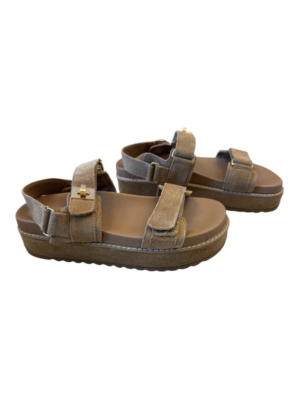 Steve Madden Woman's Bigmona Sandal Taupe Suede Size 9 lock accented strap